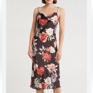 Bebe Satin Floral Slip Dress Cowl Neck Midi Size M Date Night Wedding Guest